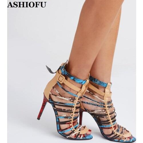 ASHIOFU Classic Handmade Womens High Heel Sandals Multicolored Leather Party Summer Shoes Sexy Evening Club Fashion Sandals