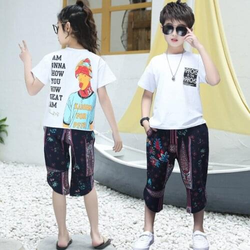 Teenage Children Summer Cotton Short-Sleeve Cartoon Top Shorts Pants Two Piece Suit 2021 New Korean Boys Girls Fashion Clothing