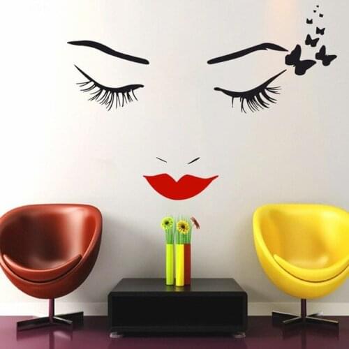Cool Salon Beautiful Buteerflies Girl Wall Mural Girls Face Makeup Lips Eyes Special Vinyl Art Wall Sticker For Home Decor W-980