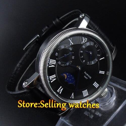 Parnis 42mm Black Dial GMT Moon Phase Hand Winding Mechanical Watches