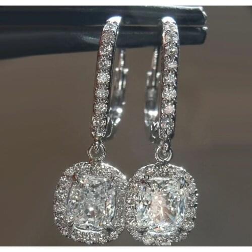 Solid 14k White Gold 2.50ctw 6mm Ise cut Cushion Cut Bridal Dangle Moissanite Drop Earring for Women