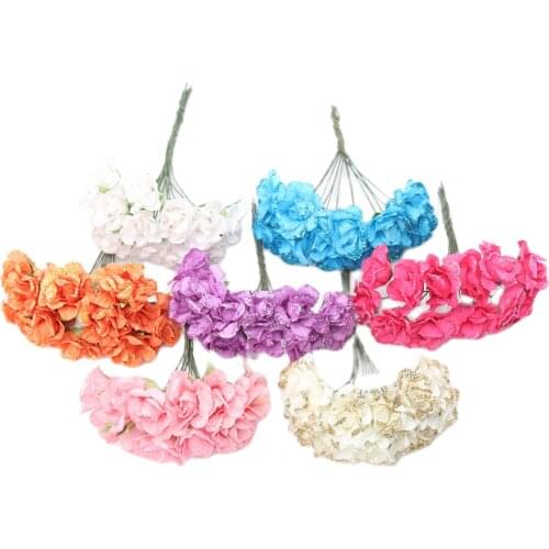 Cheap 6pcs Silk Gradient Stamen Artificial Flower Bouquet For Wedding Decoration DIY Scrapbooking Decorative Wreath Fake Flowers