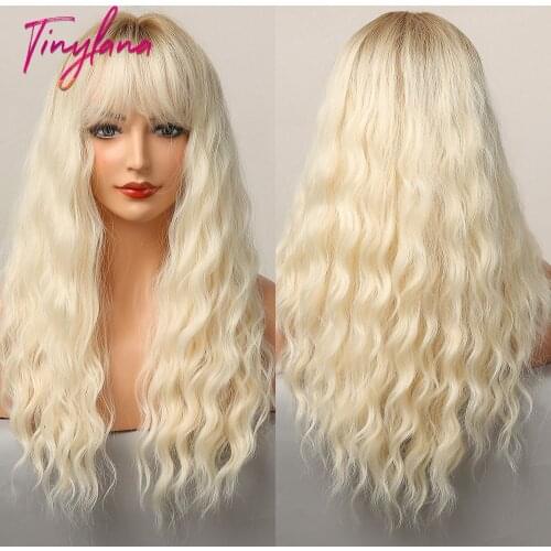TINY LANA Ombre Brown Ligh Blonde Long Deep Wavy Wig with Side Bangs Synthetic Wigs For Women Cosplay Party Heat Resistant Fiber