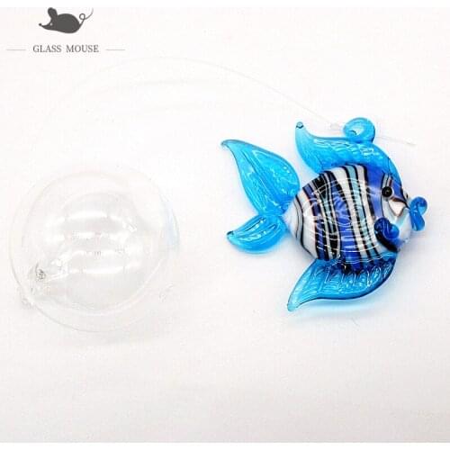 Floating blue glass fish Figurine bubble ball Aquarium Home Decor charm accessories Hand Blown Art Sea Animals Collectible Gift