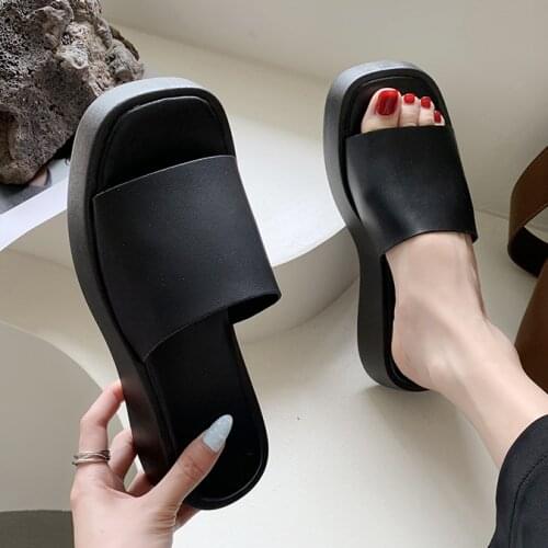 Summer Trend Concise Women Slippers Platform Wedge Low Heel Square Toe Thick Sole Outdoor Beach Slides Ladies Shoes Female 2021