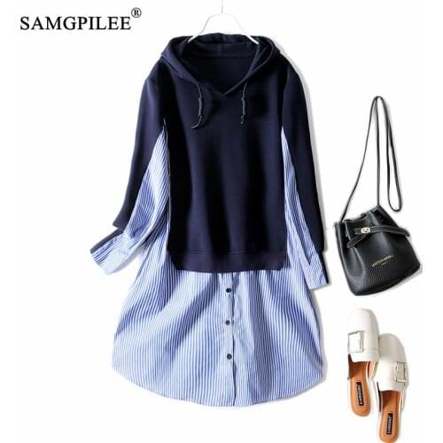 Oversized Hoodie 2021 Classic Fake Two Piece Hooded Casual Autumn 2021 New Patchwork Striped Mid Length Women Sweatshirt 4XL