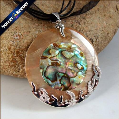 Sorcerkeeper Natural Ocean Round Circle Pendant New Zealand Paua Abalone Shell Beads Flame Shape for Women Necklace Gift SKA12
