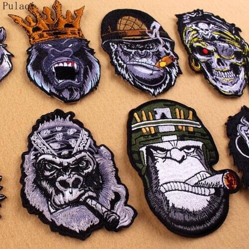 Pulaqi Punk Ape Victory Cigar Wild Embroidered Patch For Clothing Sticker On Clothes Stripe Skull King Patch For Backpack DIY