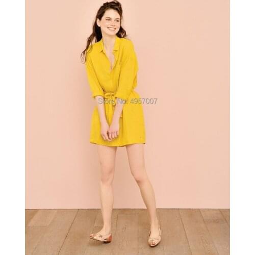 Yellow/Pink Cotton Solid Color Short Dress With Waist Ties & Front Buttoned