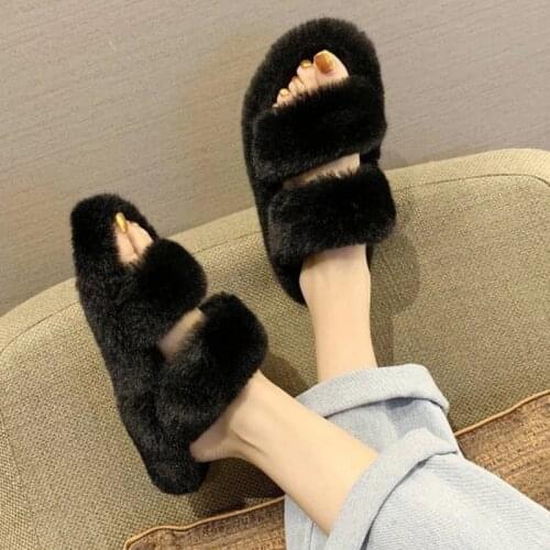 2021 Winter Women House Furry Slippers Fashion Faux Fur Warm Comfortable Women Flats Female Home Slides Black Plush Slippers