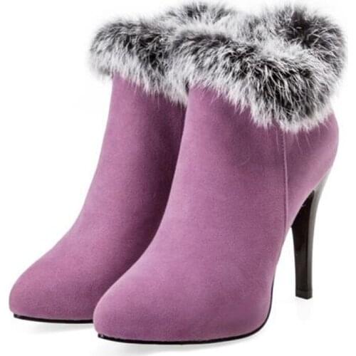 New pattern winter Rabbits hair High-heeled Short women boots white Cashmere Keep warm Sharp head Wedding boots plus size 34-45