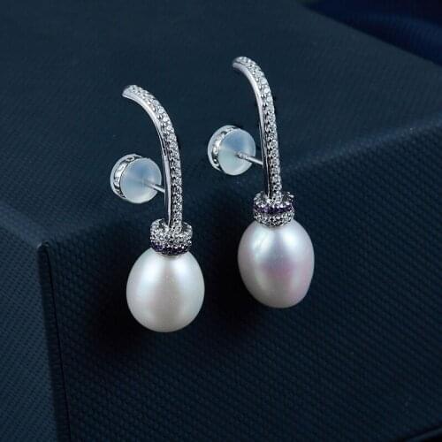 SLJELY Fashion Real 925 Sterling Silver Fancy Zircon White Natural Freshwater Pearls Earrings Women Fine Party Brand Jewelry