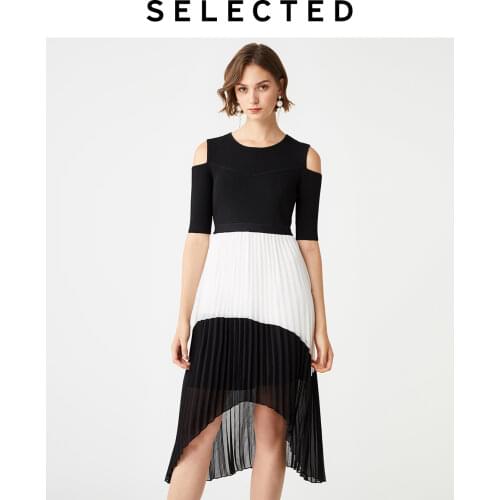 SELECTED Women Off-the-shoulder Chiffon Stitching Knit Pleated Dress|419346516