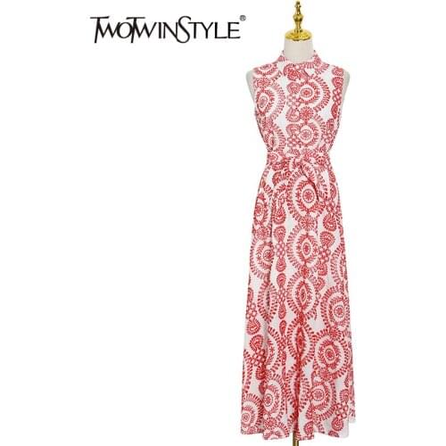 TWOTWINSTYLE Print Vintage Dress For Women Lapel Sleeveless Hit Color Ankle Length Dresses Female Summer Clothing 2021 New Style