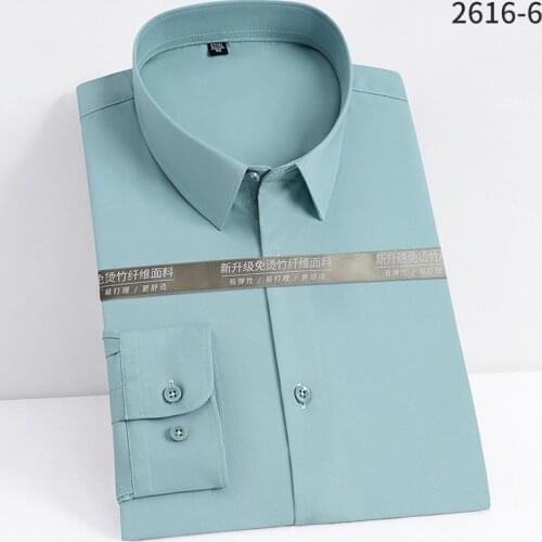 2021 New Men Shirt Long Sleeve Elastic Bamboo Cloth No-Iron Soft Solid Color 3D Cutting Blue Work Casual 5XL Econimic DA508