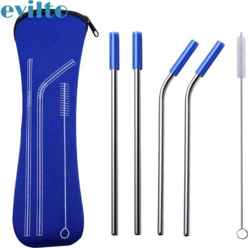 5pcs Reusable Metal Straws Straight Bent Drinking Straw With Case Smoothies Straw Cleaning Brush Set Bar Party Accessory