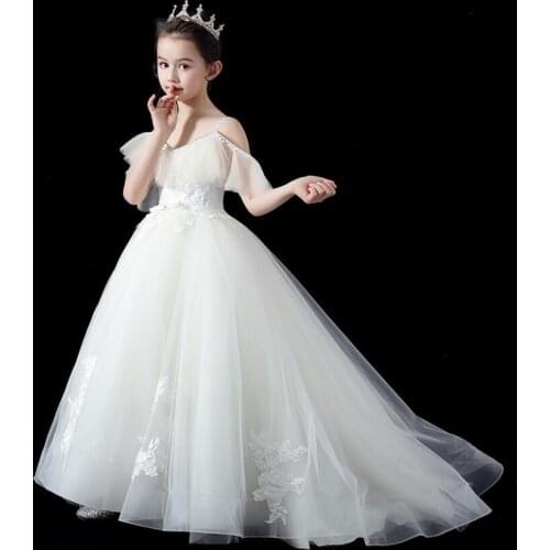 White Lace Tailing Girl Wedding Dress Beads Kids Dresses For Girls Children Costume Princess Girl Party Communion Long Gown