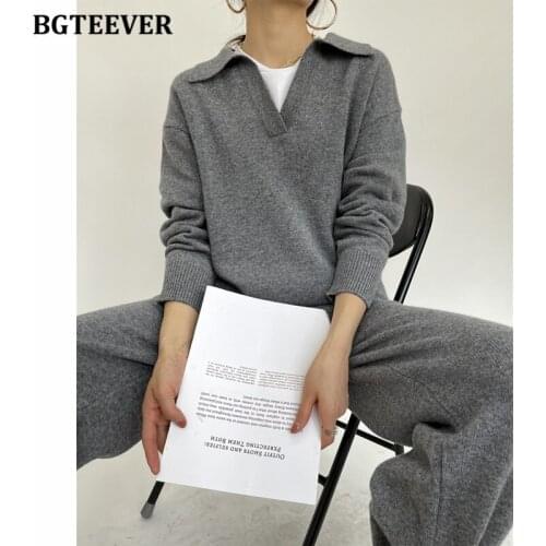BGTEEVER Autumn Winter Casual Loose Women Sweaters Set Long Sleeve Knitted Pullovers & Wide Leg Pants 2021 Ladies 2 Pieces Set