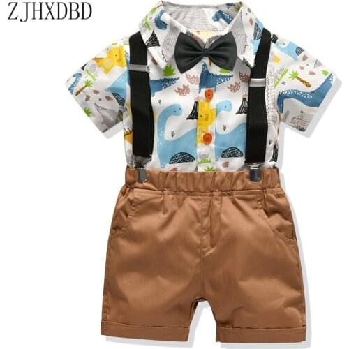 Childrens Clothing Boy Kids Blazers Summer Cotton Cartoon Printed Short-sleeved Shirt Blouses Shorts Three-piece Sets Suits