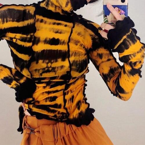 High Neck Print T Shirt Women Long Sleeve Pullover Slim Tops Streetwear Casual Patchwork Trendy Tee Three Colors 2020 Autumn New