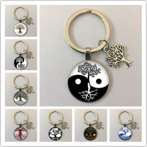 Glamour Vintage Tree of Life Pendant Keychain Art Tree of Life Convex Round Glass Keychain