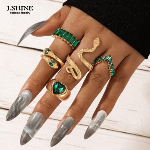JShine Luxury Green Crystal Stone Snake Ring for Women Men Charms Heart Geometric Gold Alloy Metal Opening Wedding Rings Jewelry