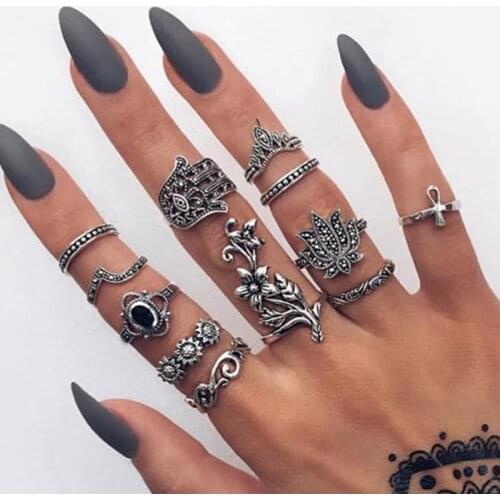 12 Pcs/Set Bohemian Vintage Crystal Gem Lotus Flower Leaf Crown Carved Finger Rings for Women Party Ring Set Jewelry Accessories