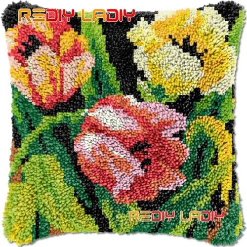 Latch Hook Cushion Tulip Flowers DIY Needlepoint Kits Chunky Acrylic Yarn Arts Crocheting Lofty Pillow Case Hobby & Crafts