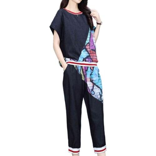 Fashion Tracksuit Women Summer Printed T-shirt Calf Length Pants Two Piece Set Korean Plus Size Loose Casual 2 Piece Set Women