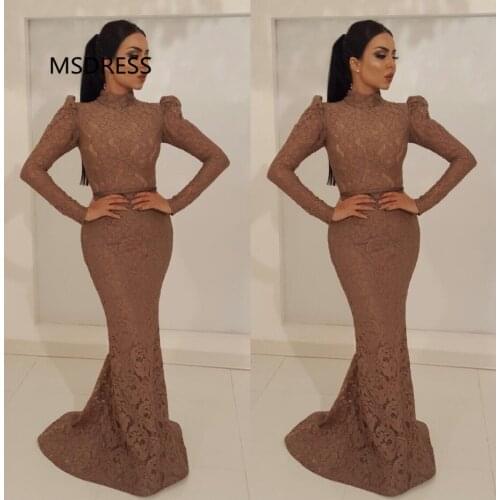 Long Sleeves Muslim Evening Dresses 2019 High Collar Lace Mermaid Islamic Dubai Saudi Arabic Long Evening Gown Formal Dress