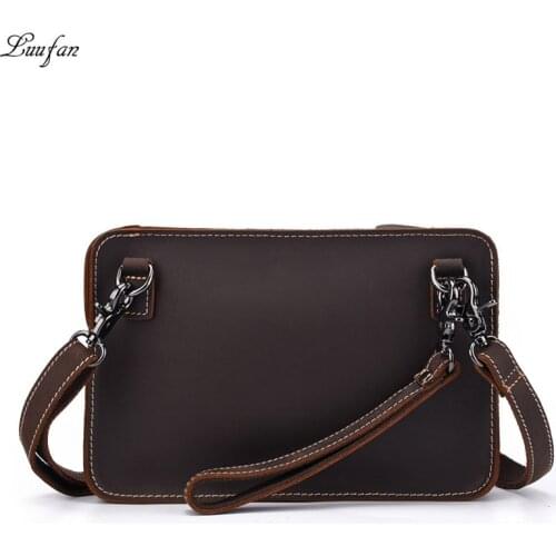 Mens Genuine leather mini Shoulder Bag Real Crazy Horse Cowhide Messenger Crossbody Bag Small Handbag iPad Clutch Bag wallet