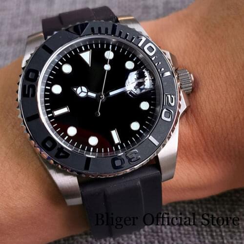 BLIGER Black SUB Men Watch 24 Jewels NH35 Automatic Movement Rotating Bezel Date Magnifier Rubber Strap Screw Crown Luminous