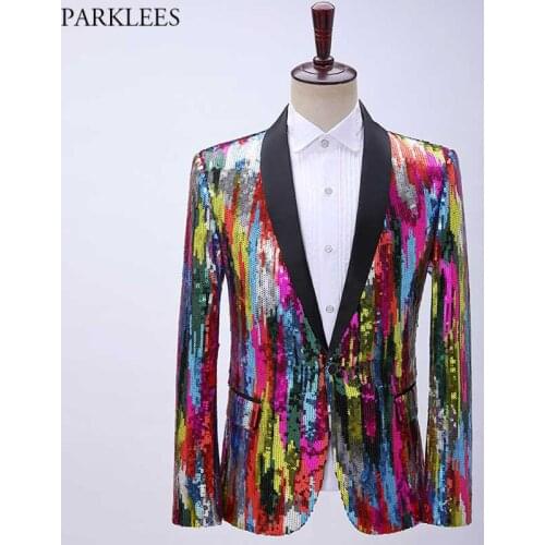 Shiny Rainbow Sequin Shawl Collar Suit Jacket Men Bling Glitter Nightclub Prom Blazer Jacket Male Stage Clothes for Singers 2XL