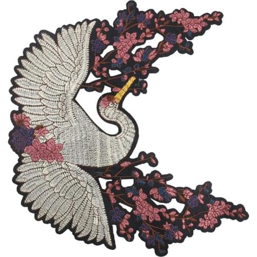 Chinese Style Patches for Clothing Embroidery Applique Sew on Large Red-crowned Crane Birds Decor DIY Embroidered Stickers