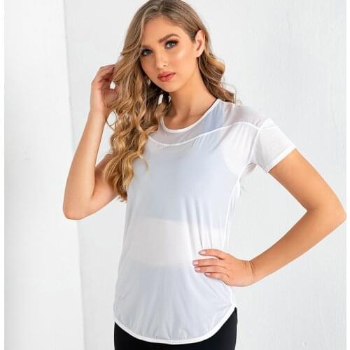 2021 New Fitness Sportswear Womens Mesh Stitching Split Open Back Sexy Running Tops T-shirt Yoga Clothes