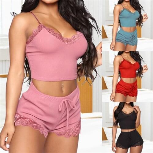 Two Piece Pajamas Set for Women Sexy Lace Top And Shorts Pajama Spaghetti Strap Sleepwear High Elastic Woman Clothes