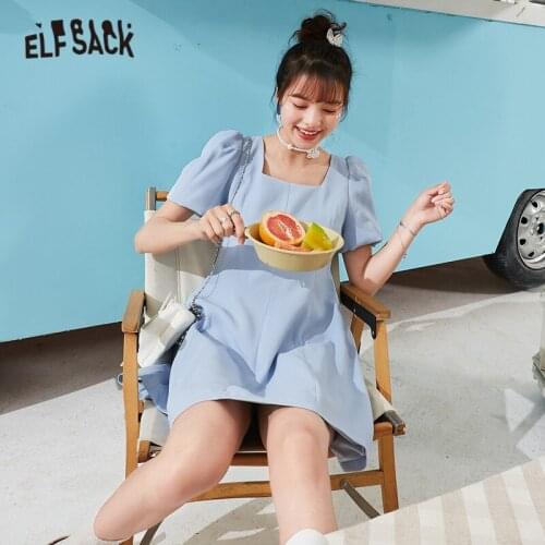 ELFSACK Solid Pure A Line Casual Backless Sweety Dress Women,2021 Summer Vintage Puff Sleeve,High Waist Holiday Party Dresses