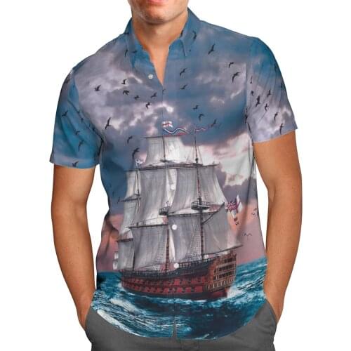 Sailboat 3D Print Beach Hawaiian 2021 Summer Blue Shirt Short Sleeve Shirt Streetwear Oversized 5XL Camisa Social Chemise Homme