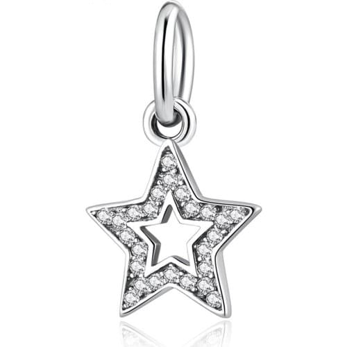 Authentic S925 Bead Lucky Star Dangle Charm, CZ Crystal fit Lady Bracelet Bangle For Women DIY Jewelry Making