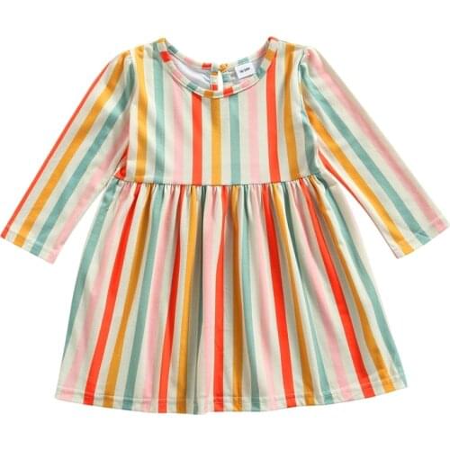 2-6Y Toddler Casual A-line Dress Baby Girls Stripe/Fruit Print Long Sleeve Round Neck Dress Autumn Spring Clothes