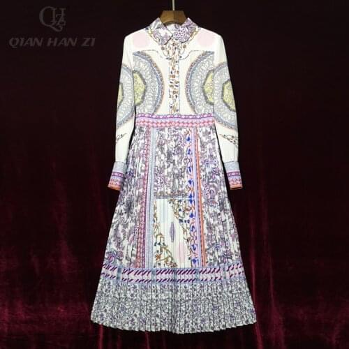 Qian Han Zi Spring/Summer Designer Womens Dress Bow Long sleeve pattern print Pleated fashionable elegant midi dress