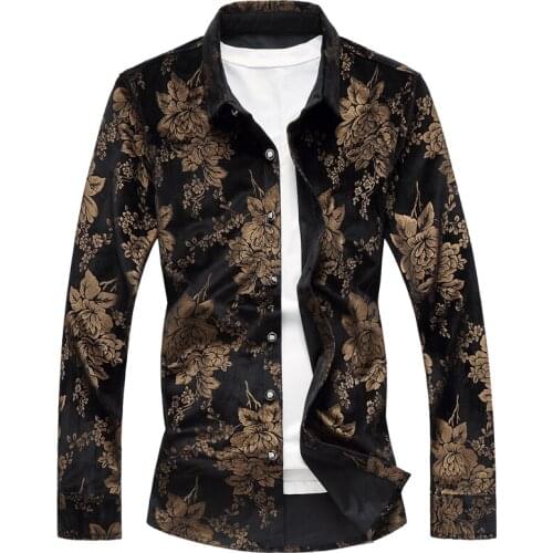 High Quality Mens Winter Long Sleeve Shirt Large Size 6XL 7XL Casual Fashion Flower Shirt Men Blue Black Tops