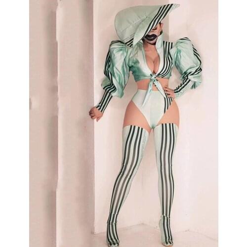 Women DS DJ Nightclub Stage Costumes Black Stripe Shirt Short Cap Legging Outfit Prom Party Club Show Festival Outfits DN7263