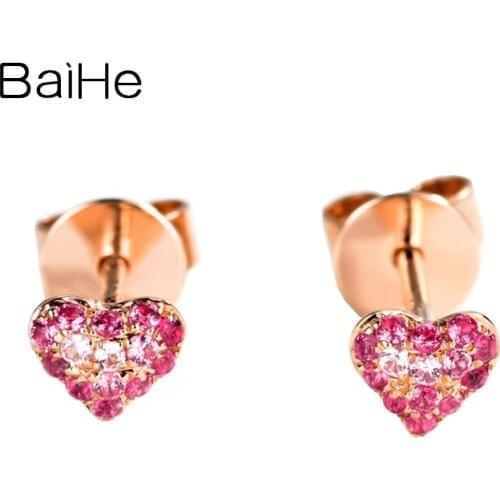 BAIHE Solid 14K White/Yellow/Rose Gold Pink Sapphire Earrings Women Fine Jewelry Trendy Heart Cерьги 2020 тренд Wedding Gift