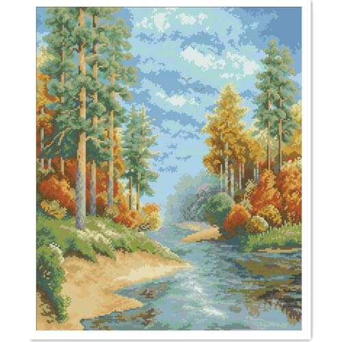 Colorful forest cross stitch package fall autumn trees 18ct 14ct 11ct cloth cotton thread embroidery DIY handmade needlework