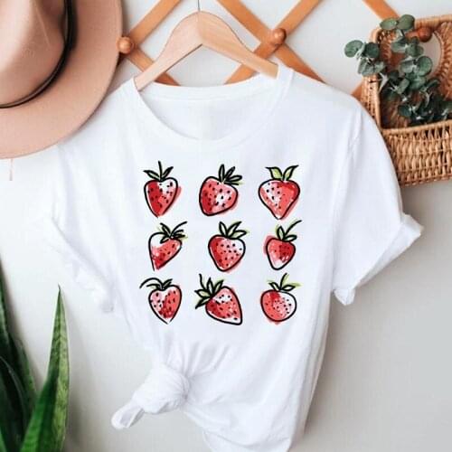 Women Strawberry Watercolor Beach Short Sleeve Summer Tshirts Cartoon Clothes Graphic T Top Lady Print Female Tee T-Shirt