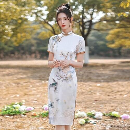 Print Flower Women Sexy Cheongsam Chinese Style Evening Party Dress Summer New Short Sleeve Robe Gown Vintage Qipao Vestidos