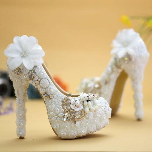 2018 Vogue White Lace Flower and Lovely Bear Platform Prom Party Pumps Wedding Shoes Pearl High Heel Bride Dress Shoes
