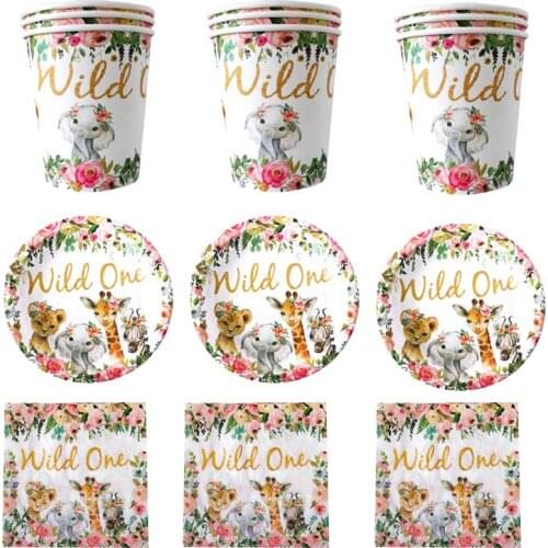 60pcs/lot Wild One Theme Plates Kids Girls Favors Happy Birthday Party Cups Napkins Baby Shower Decorate Towel Dishes