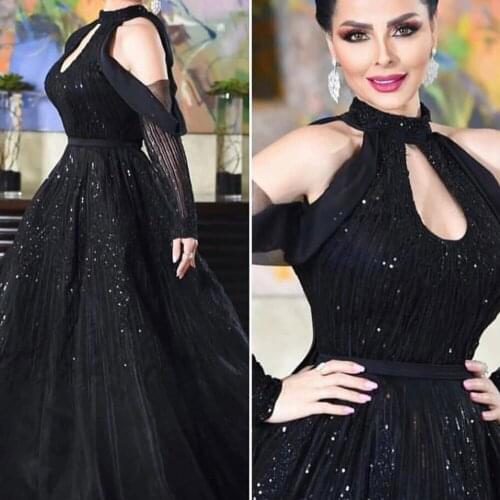 Ball gown prom dresses 2020 long sleeve crystal beading sequins keyhole tulle black evening dresses gowns vestidos de fiesta